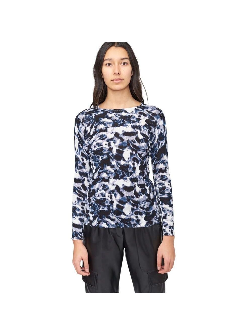 Kokun Blue Abstract Print Watercolor Luxury Bamboo Cashmere Knit Top, Women's XL
